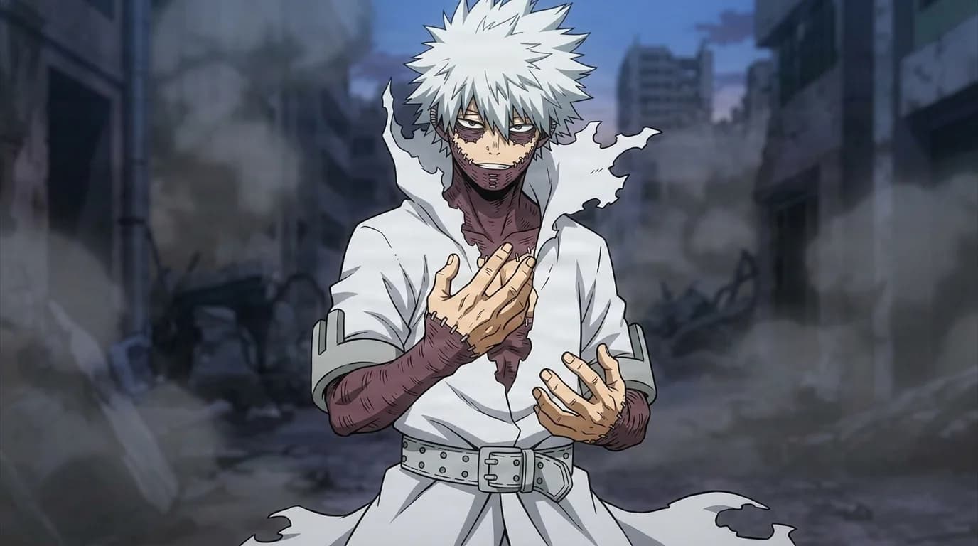 Dabi from My Hero Academia in a close-framed cel-shaded anime scene with a detailed environment