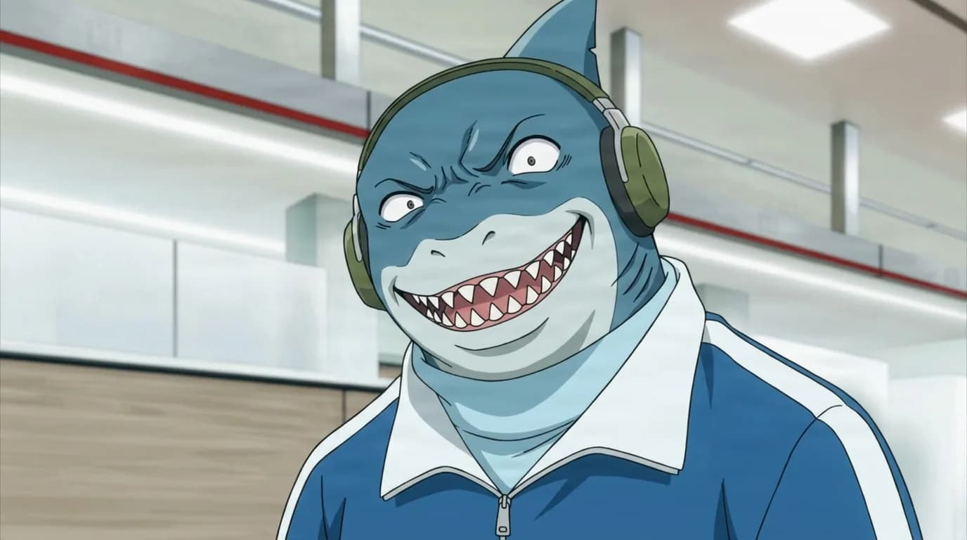 Dolphin Villain from My Hero Academia in a close-framed cel-shaded anime scene with a detailed environment