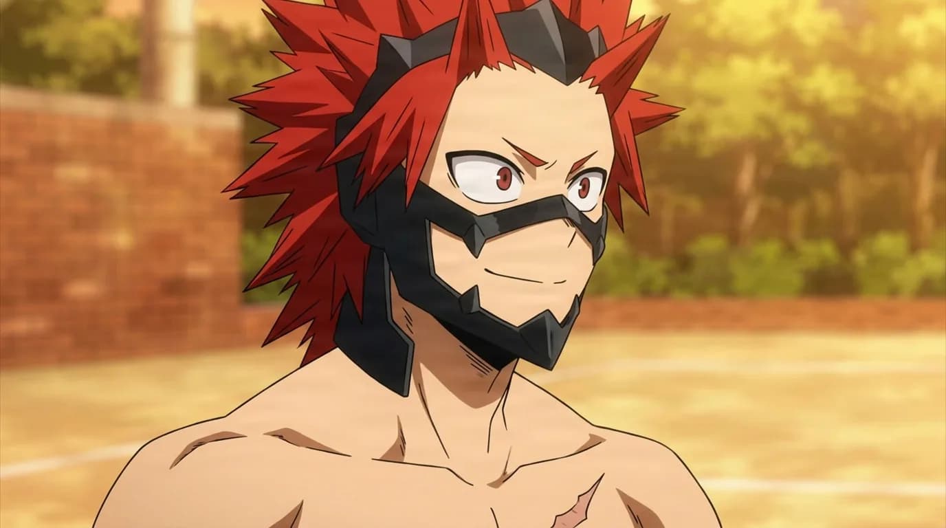 Eijiro Kirishima from My Hero Academia in a close-framed cel-shaded anime scene with a detailed environment