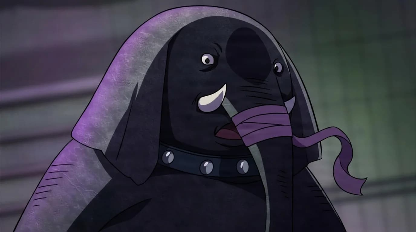 Elephant from My Hero Academia in a close-framed cel-shaded anime scene with a detailed environment