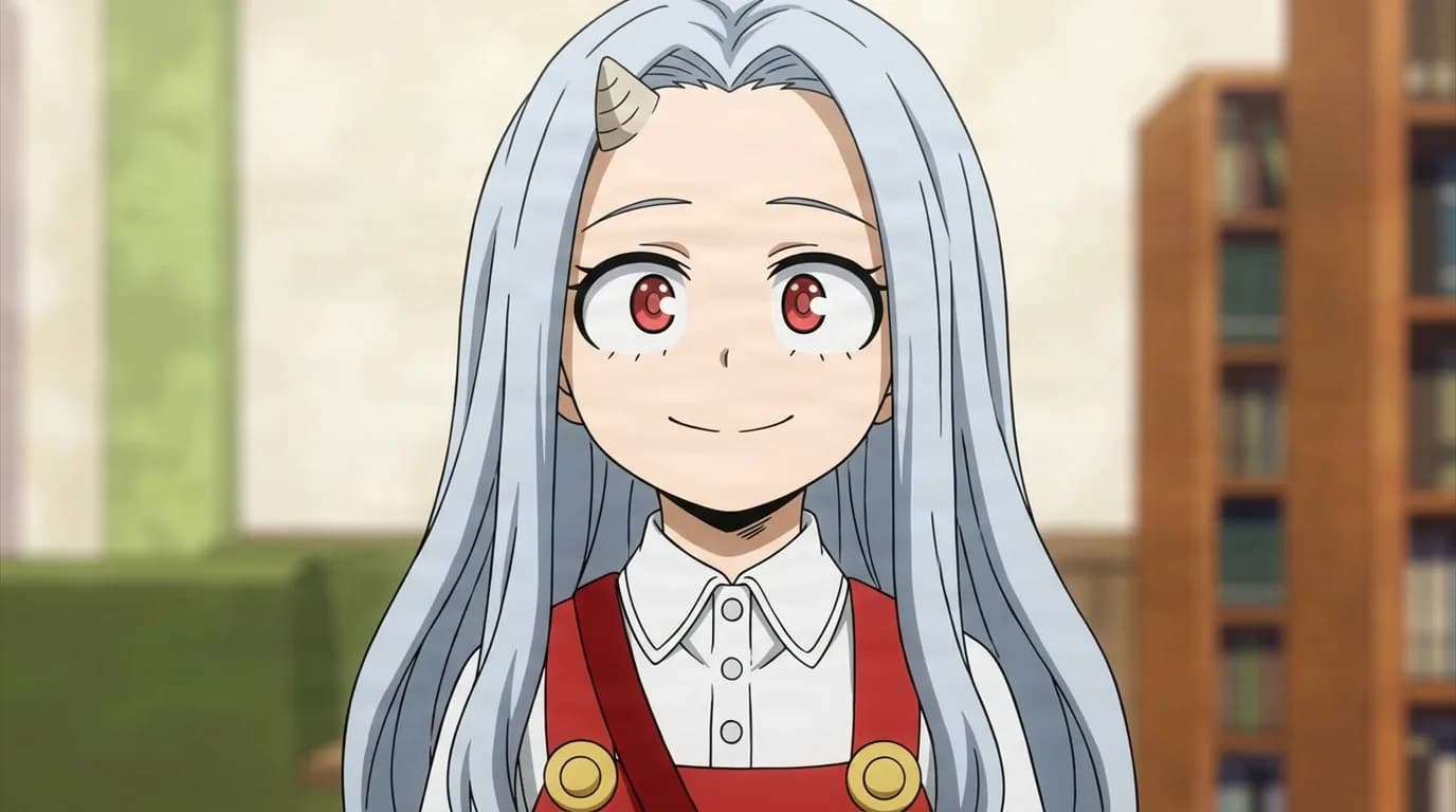 Eri from My Hero Academia in a close-framed cel-shaded anime scene with a detailed environment