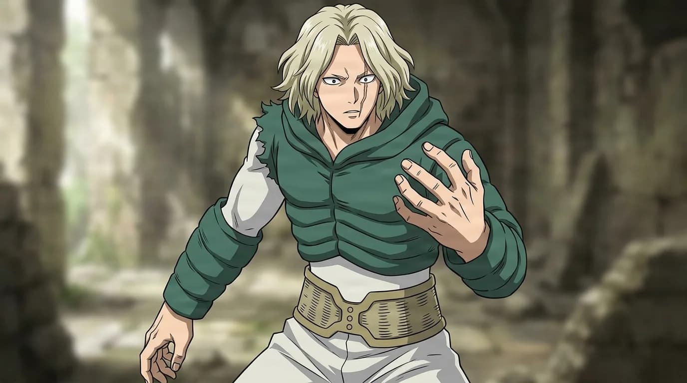 Hikage Shinomori from My Hero Academia in a close-framed cel-shaded anime scene with a detailed environment