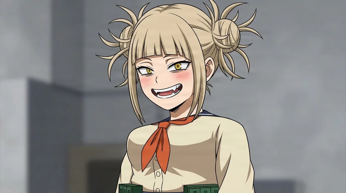 Himiko Toga from My Hero Academia in a close-framed cel-shaded anime scene with a detailed environment