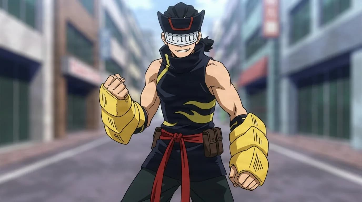 Hiryu Rin from My Hero Academia in a close-framed cel-shaded anime scene with a detailed environment