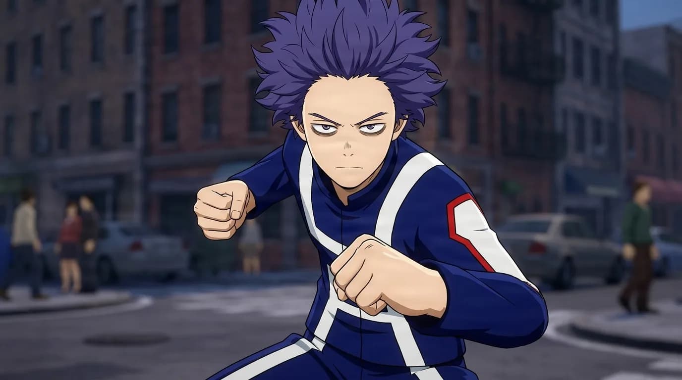 Hitoshi Shinso raising his fists in a fighting stance on a city street, spiky purple hair and the blue U.A. gym uniform