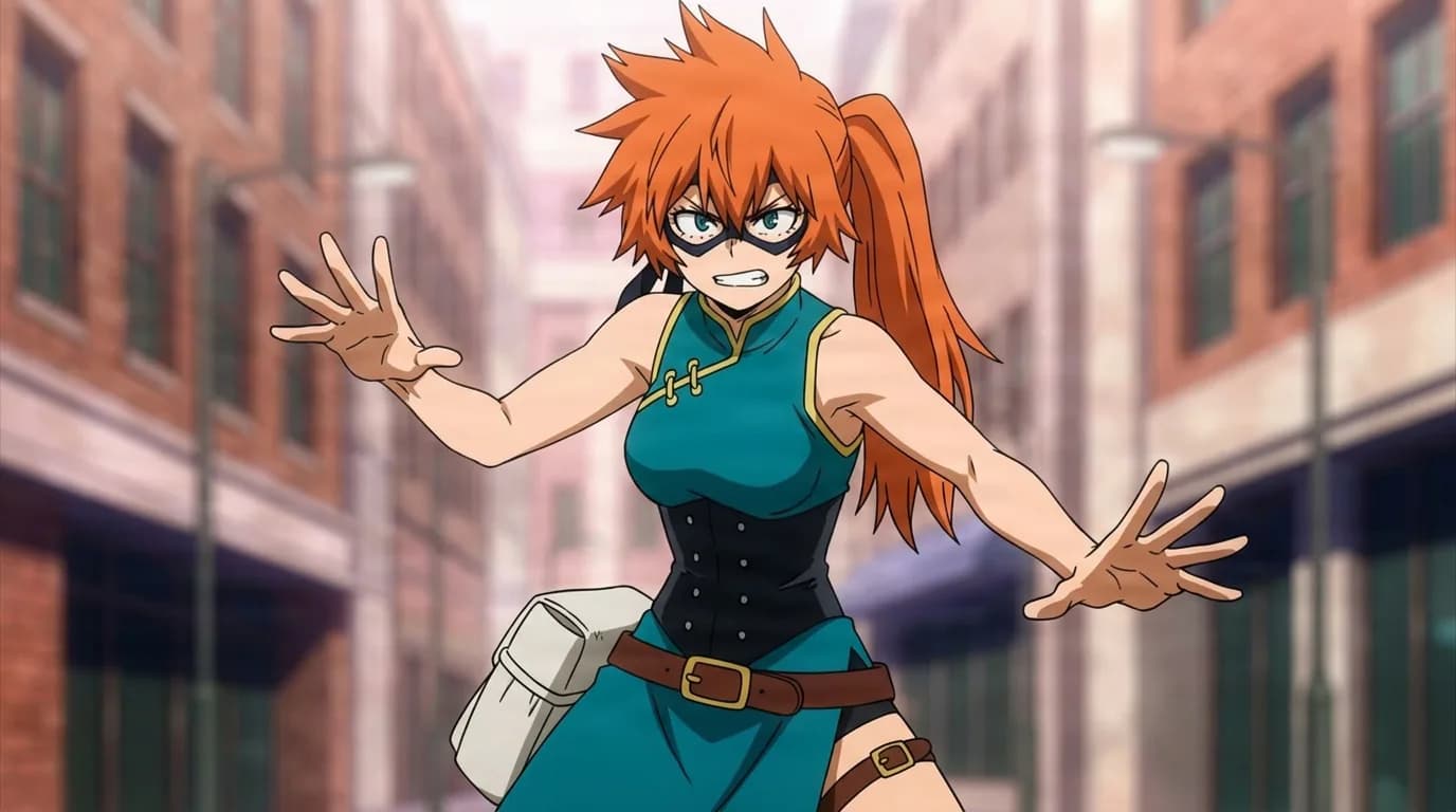 Itsuka Kendo from My Hero Academia in a close-framed cel-shaded anime scene with a detailed environment