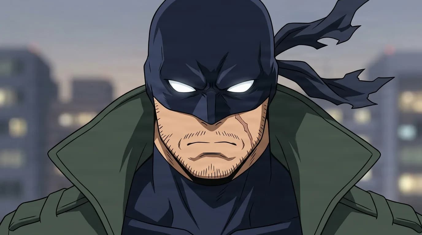 Iwao Oguro from My Hero Academia in a close-framed cel-shaded anime scene with a detailed environment