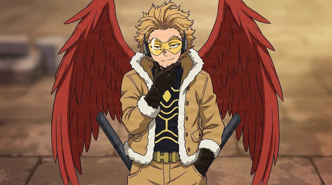 Keigo Takami from My Hero Academia in a close-framed cel-shaded anime scene with a detailed environment