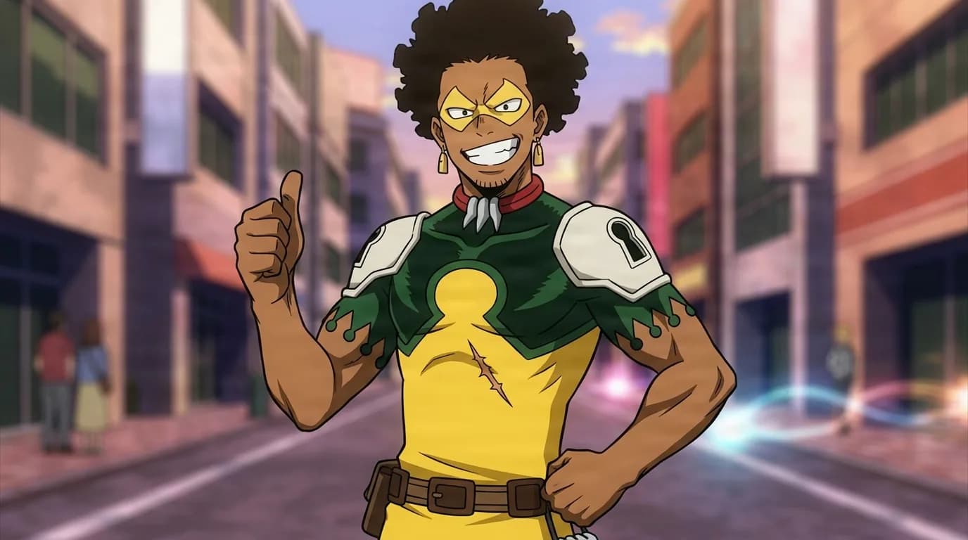 Ken Takagi from My Hero Academia in a close-framed cel-shaded anime scene with a detailed environment