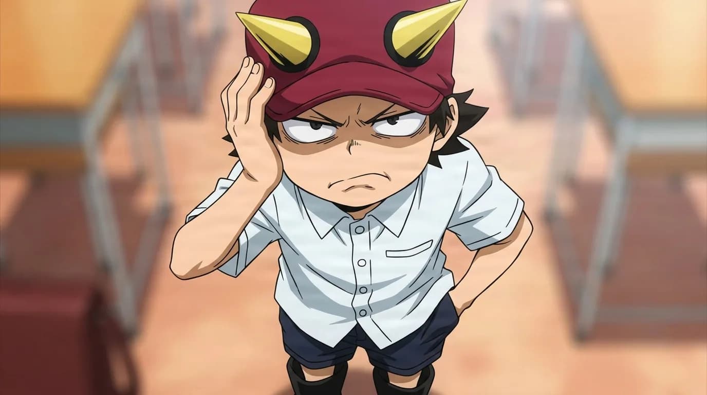 Kota Izumi from My Hero Academia in a close-framed cel-shaded anime scene with a detailed environment