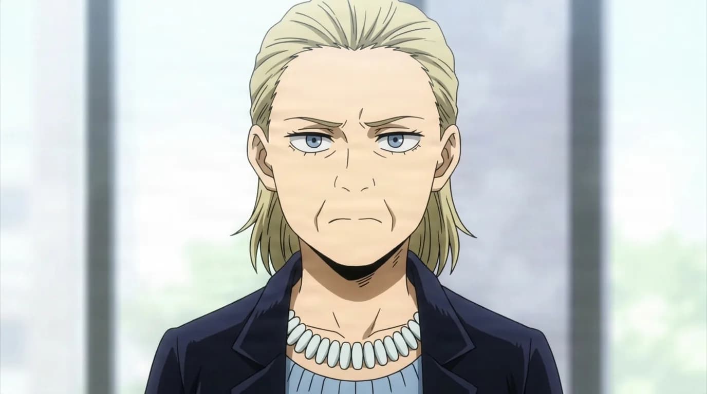 Madam President from My Hero Academia in a close-framed cel-shaded anime scene with a detailed environment