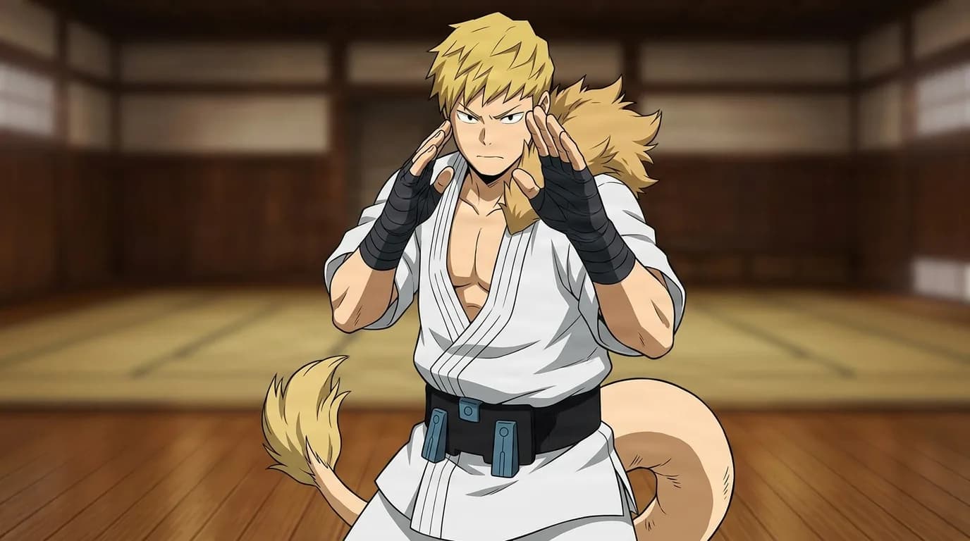 Mashirao Ojiro from My Hero Academia in a close-framed cel-shaded anime scene with a detailed environment
