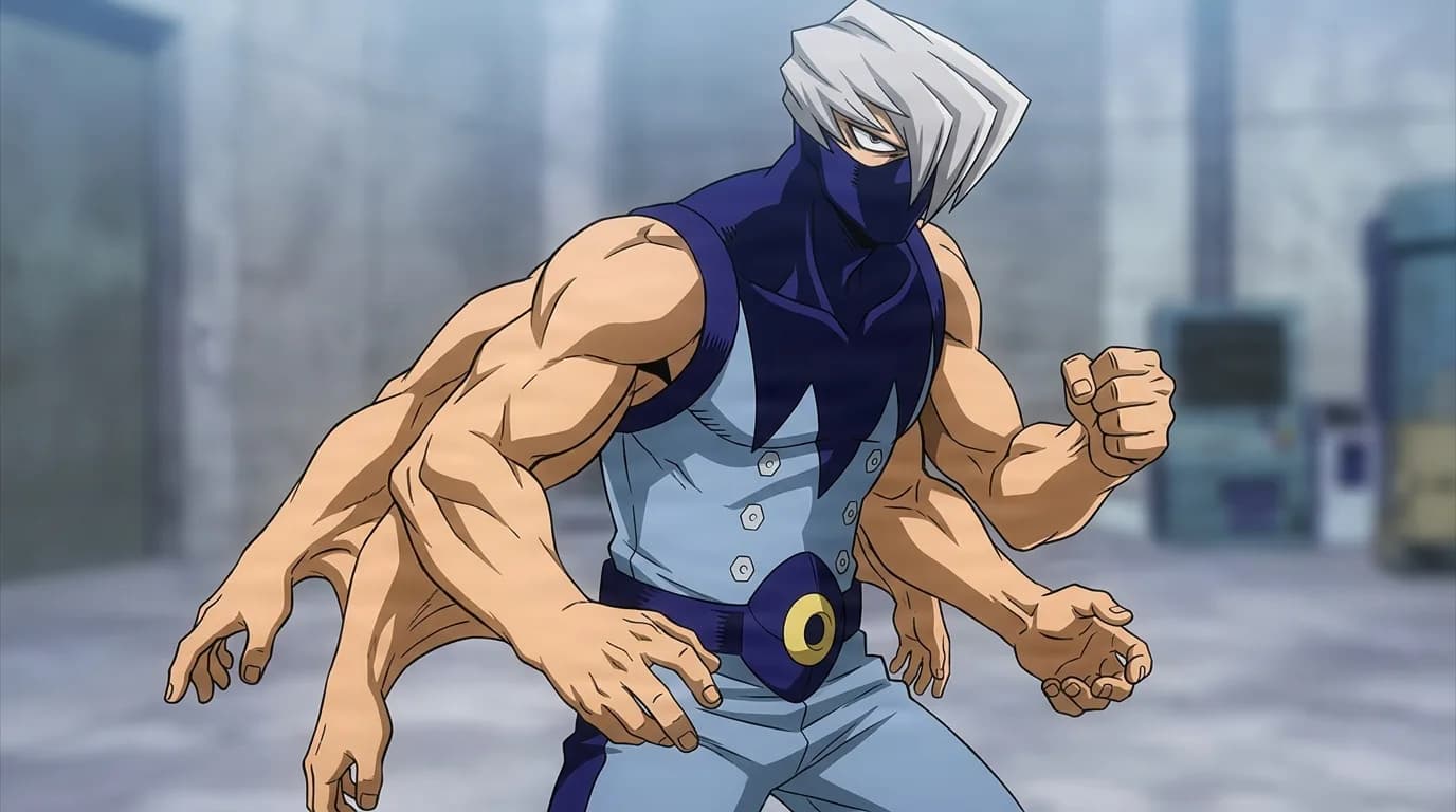 Mezo Shoji from My Hero Academia in a close-framed cel-shaded anime scene with a detailed environment