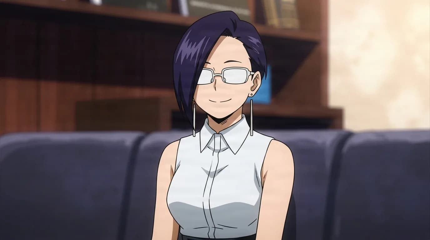 Mika Jiro from My Hero Academia in a close-framed cel-shaded anime scene with a detailed environment
