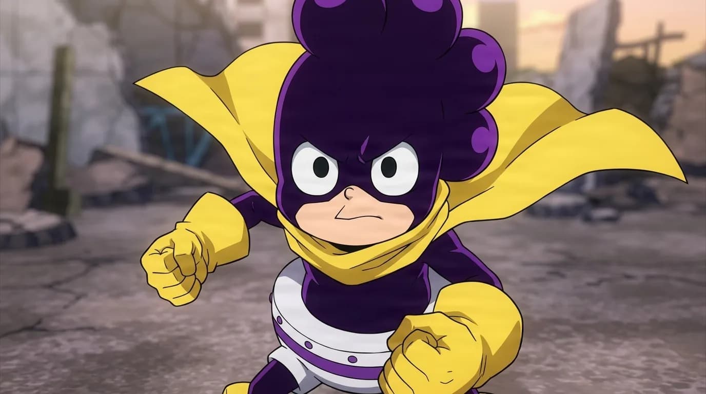 Minoru Mineta scowling with fists raised in his purple hero suit and yellow cape, sticky ball hair, standing amid rubble