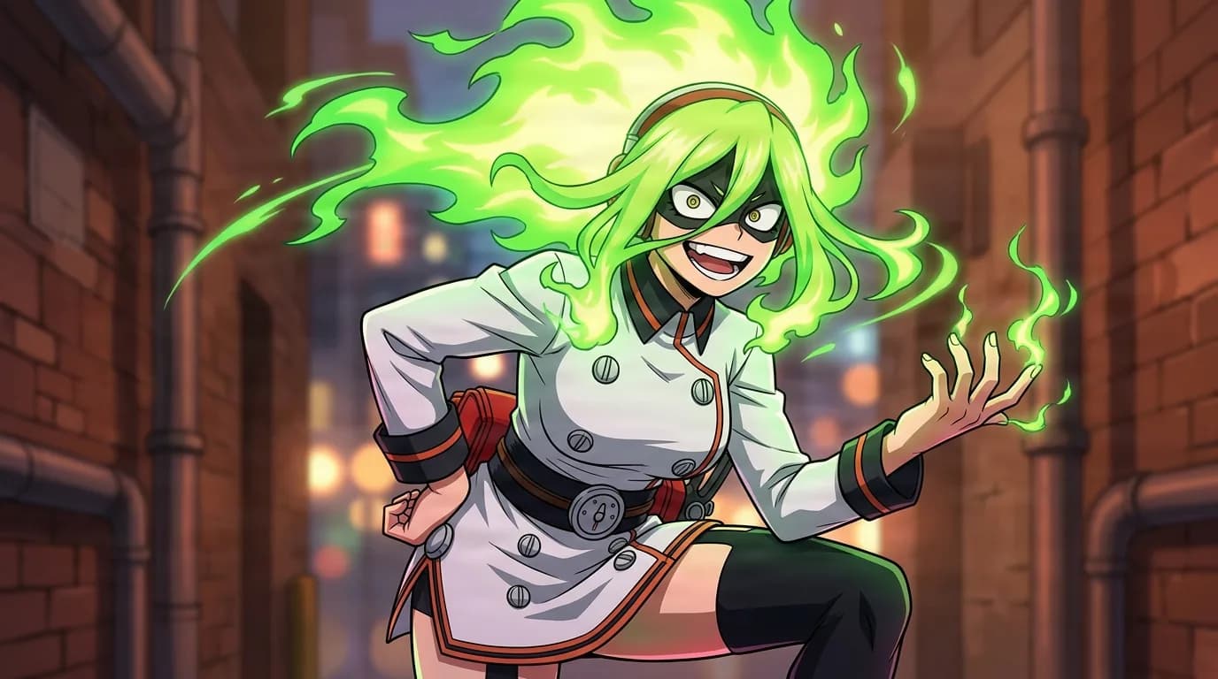 Moe Kamiji from My Hero Academia in a close-framed cel-shaded anime scene with a detailed environment