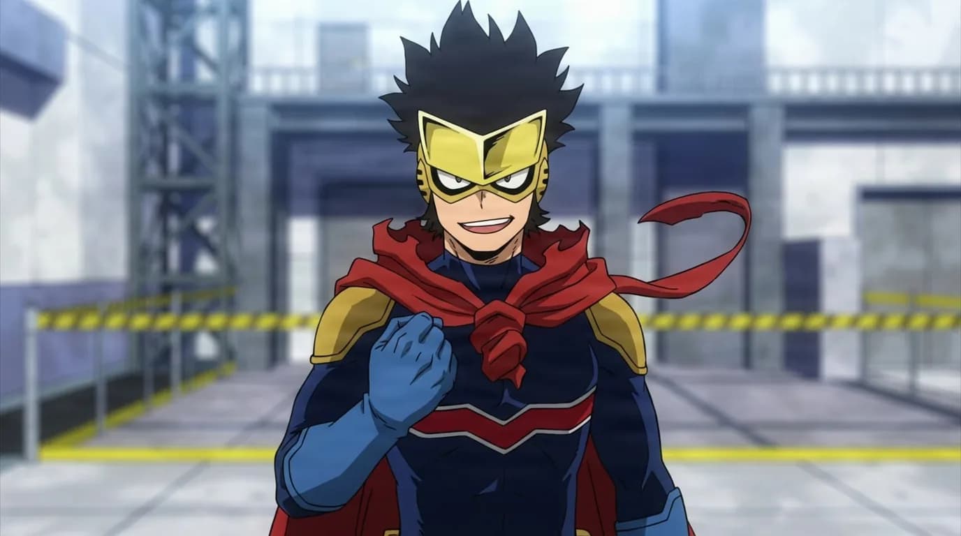 Mr. Brave from My Hero Academia in a close-framed cel-shaded anime scene with a detailed environment