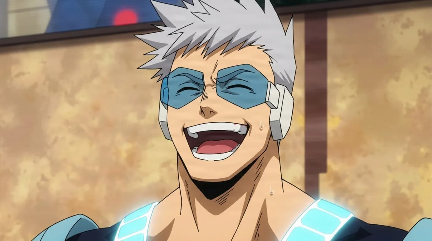 Mr. Plastic from My Hero Academia in a close-framed cel-shaded anime scene with a detailed environment
