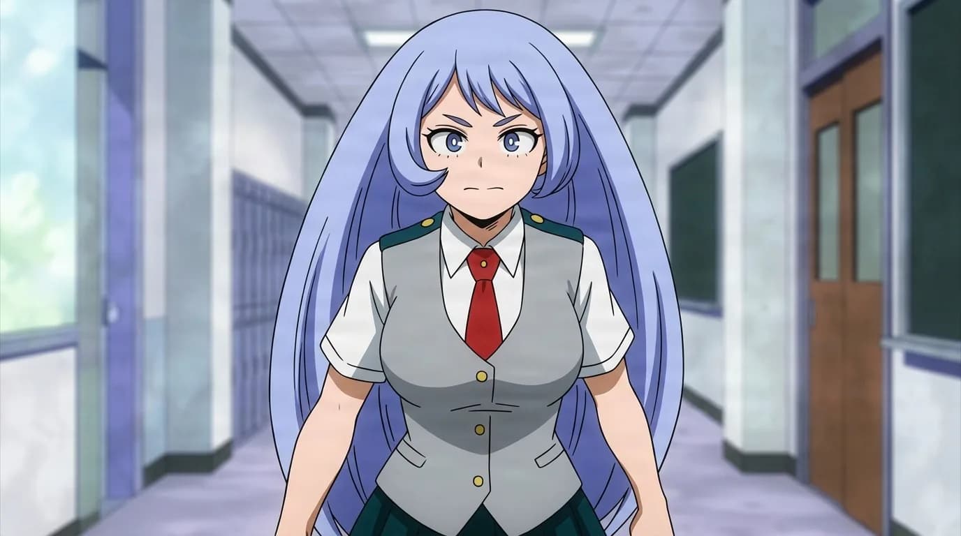 Nejire Hado standing in a school corridor with a serious look, long pale blue hair and the grey U.A. uniform with red tie