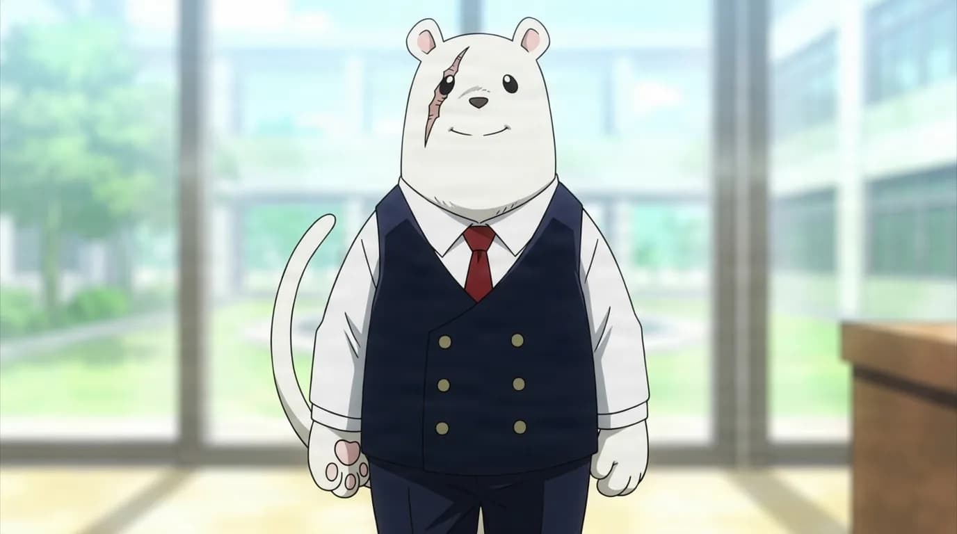 Nezu from My Hero Academia in a close-framed cel-shaded anime scene with a detailed environment