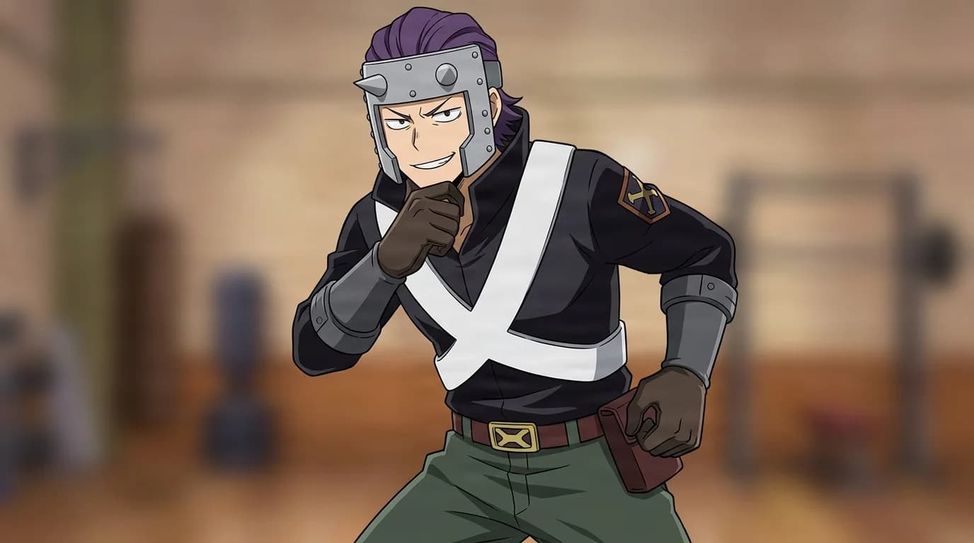 Onima from My Hero Academia in a close-framed cel-shaded anime scene with a detailed environment