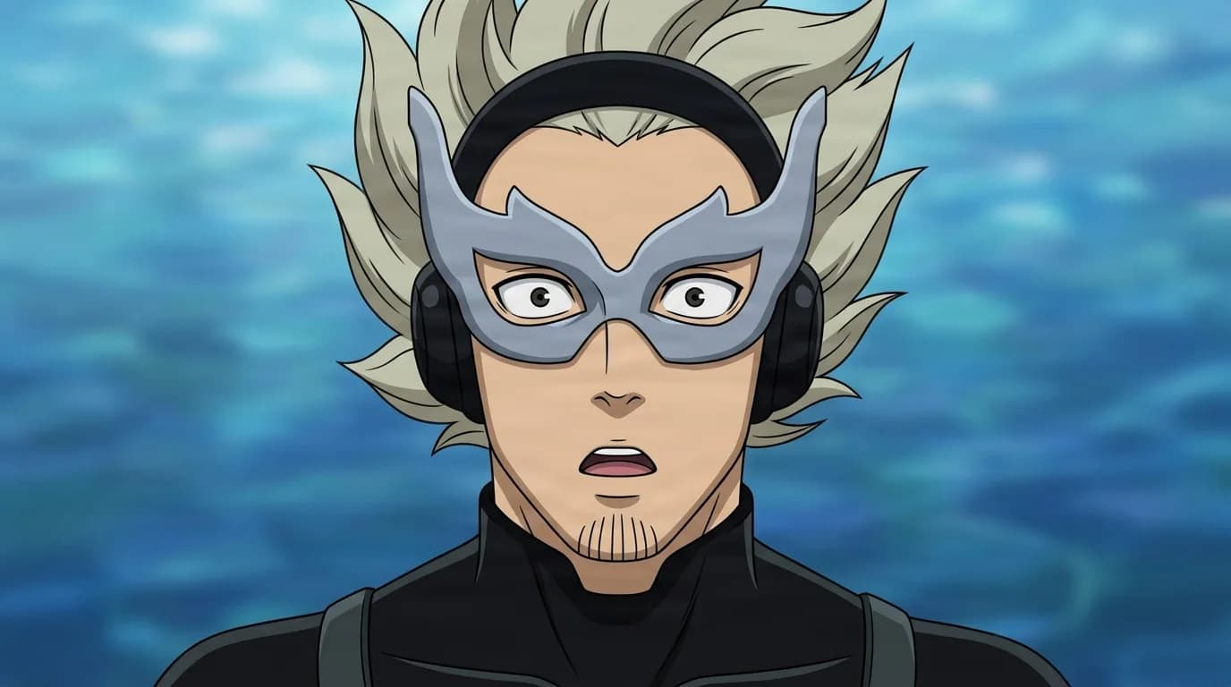 Oxy-Man from My Hero Academia in a close-framed cel-shaded anime scene with a detailed environment