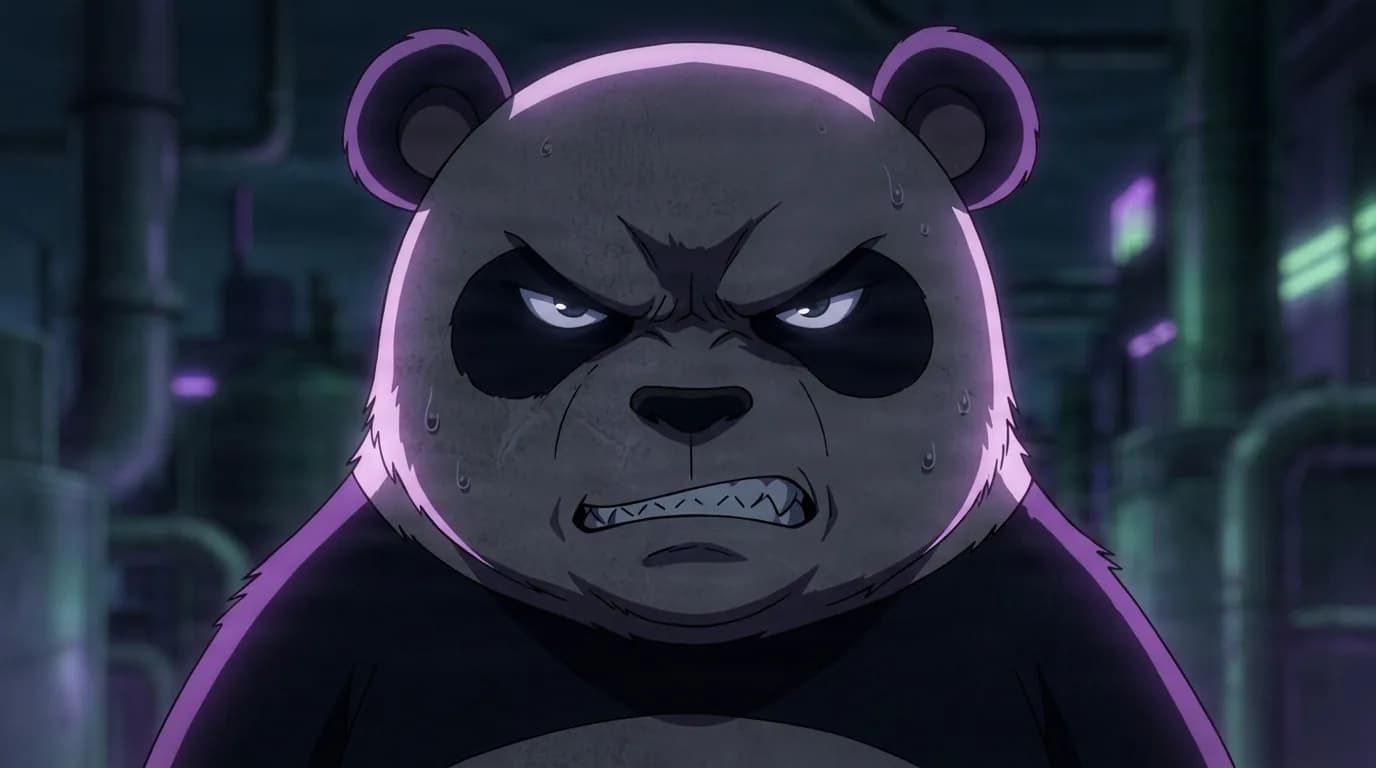 Panda from My Hero Academia in a close-framed cel-shaded anime scene with a detailed environment