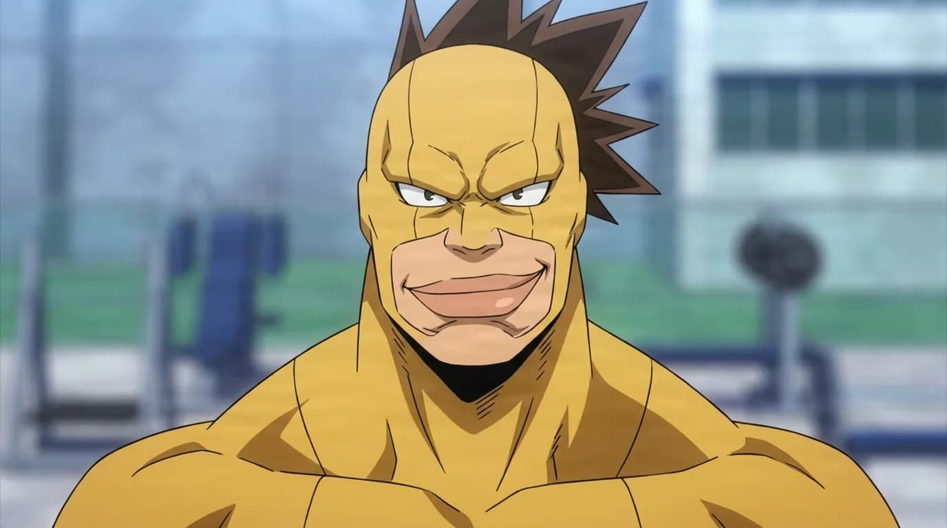 Rikido Sato from My Hero Academia in a close-framed cel-shaded anime scene with a detailed environment
