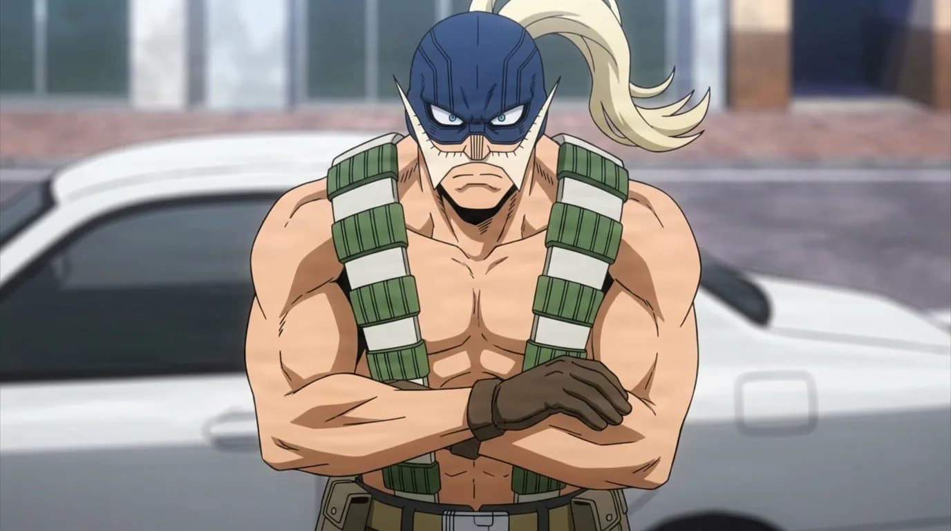 Sajin Higawara from My Hero Academia in a close-framed cel-shaded anime scene with a detailed environment