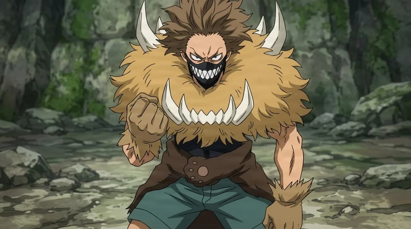 Shishido from My Hero Academia in a close-framed cel-shaded anime scene with a detailed environment