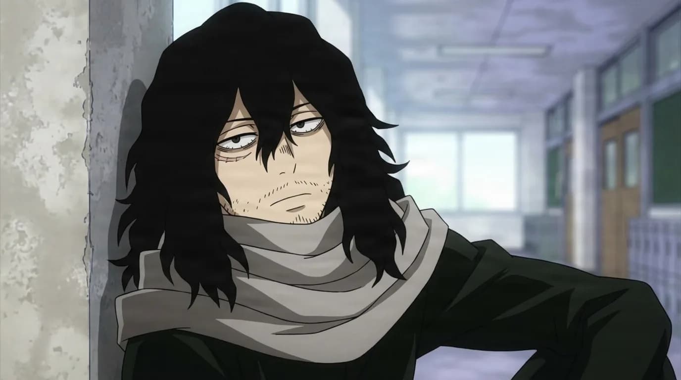 Shota Aizawa leaning tiredly against a classroom pillar, long black hair, scarred face and his grey capture scarf