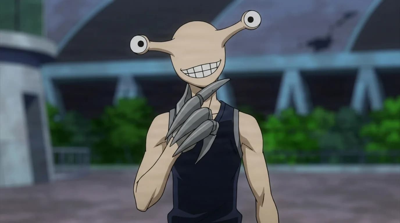 Sickle Claw from My Hero Academia in a close-framed cel-shaded anime scene with a detailed environment