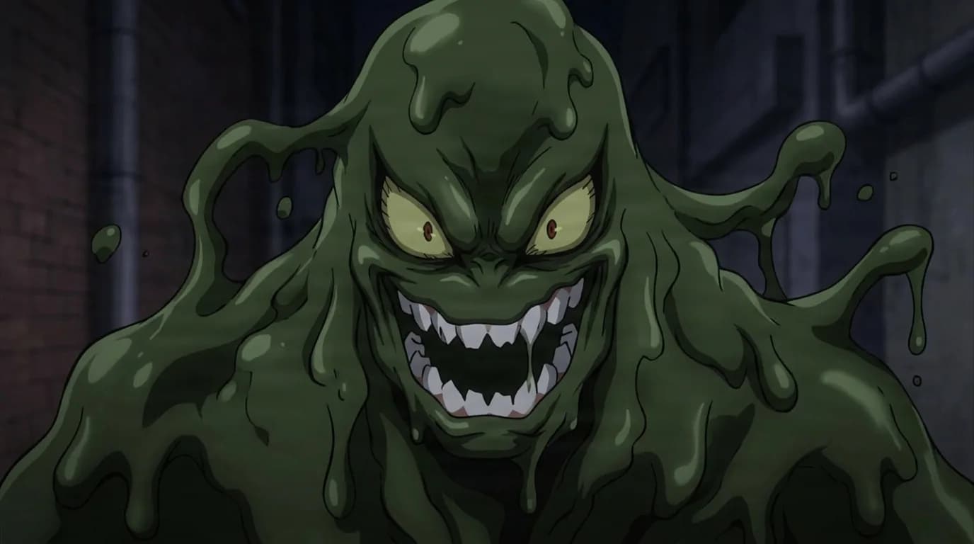 Sludge Villain from My Hero Academia in a close-framed cel-shaded anime scene with a detailed environment