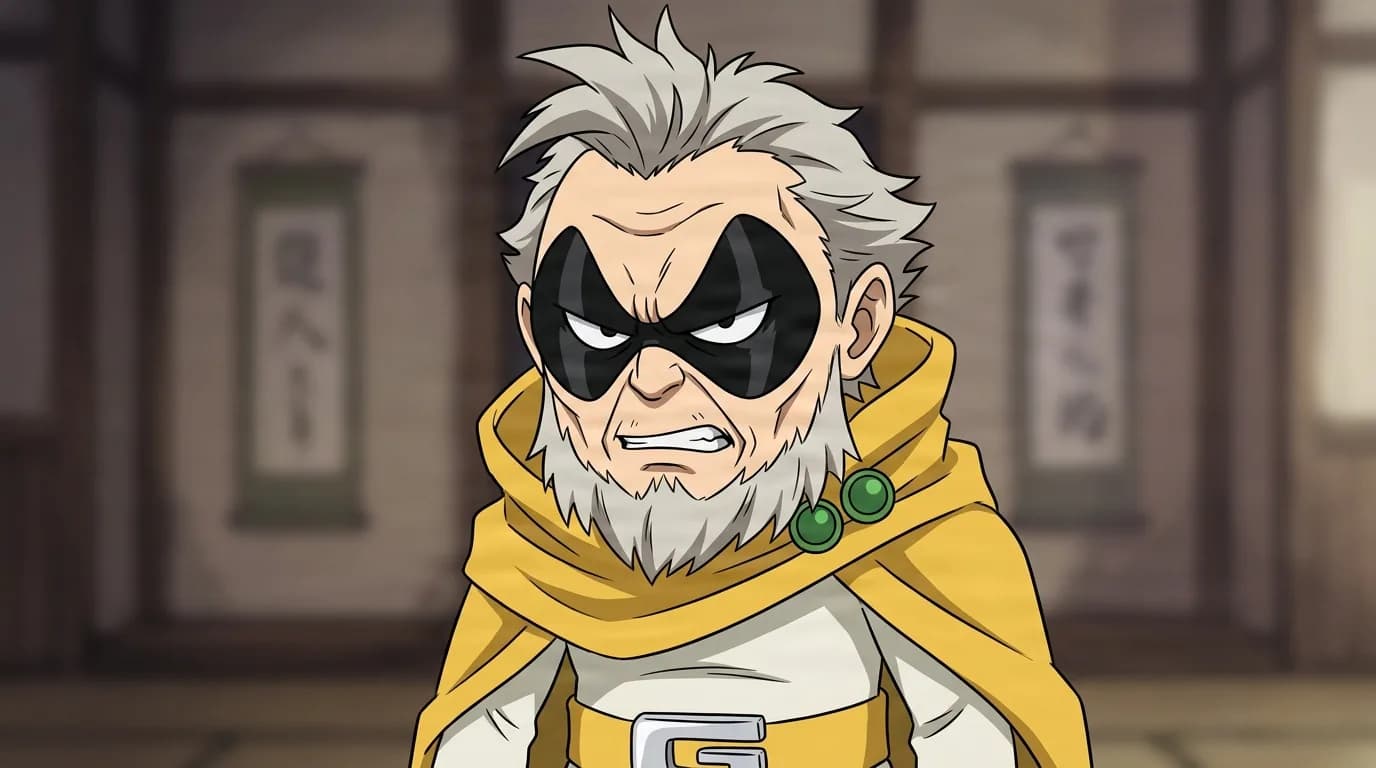 Sorahiko Torino from My Hero Academia in a close-framed cel-shaded anime scene with a detailed environment
