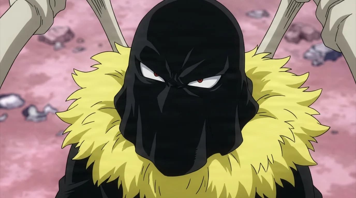Takaie Kanigumo from My Hero Academia in a close-framed cel-shaded anime scene with a detailed environment