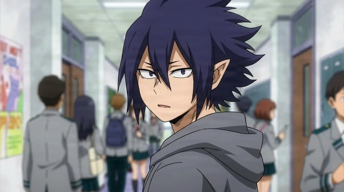 Tamaki Amajiki glancing back nervously in a crowded school hallway, dark indigo hair, pointed ears and a grey hoodie