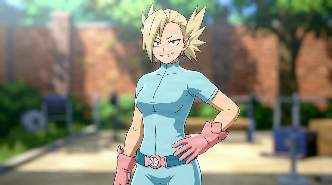 Tatami Nakagame from My Hero Academia in a close-framed cel-shaded anime scene with a detailed environment