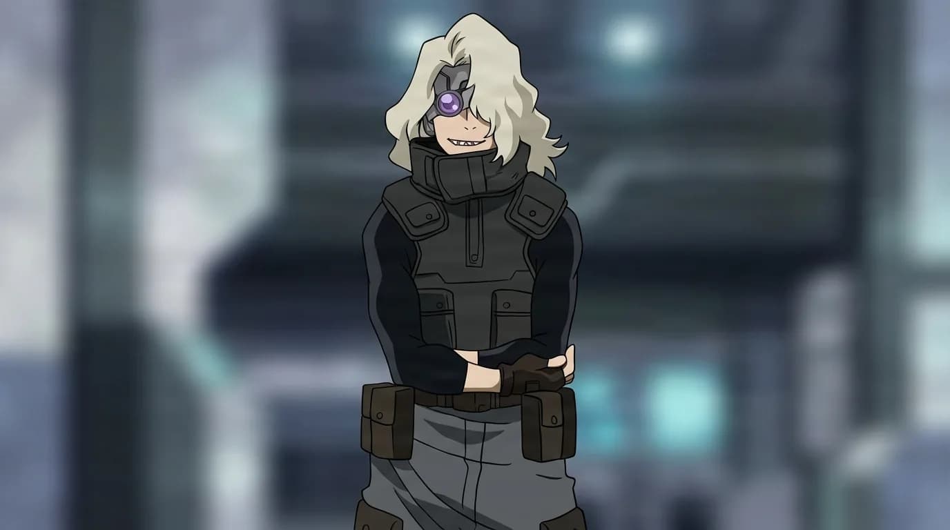 Tech Villain from My Hero Academia in a close-framed cel-shaded anime scene with a detailed environment