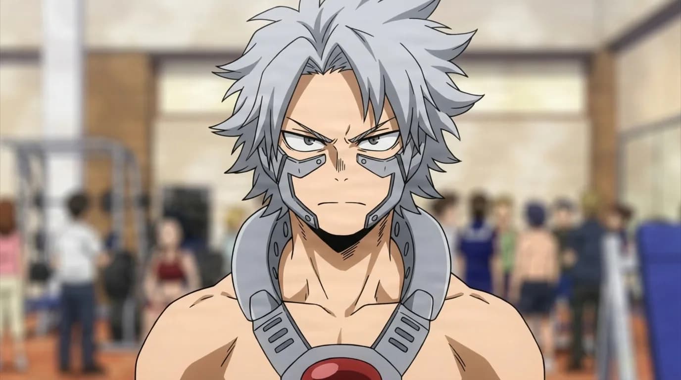Tetsutetsu Tetsutetsu from My Hero Academia in a close-framed cel-shaded anime scene with a detailed environment