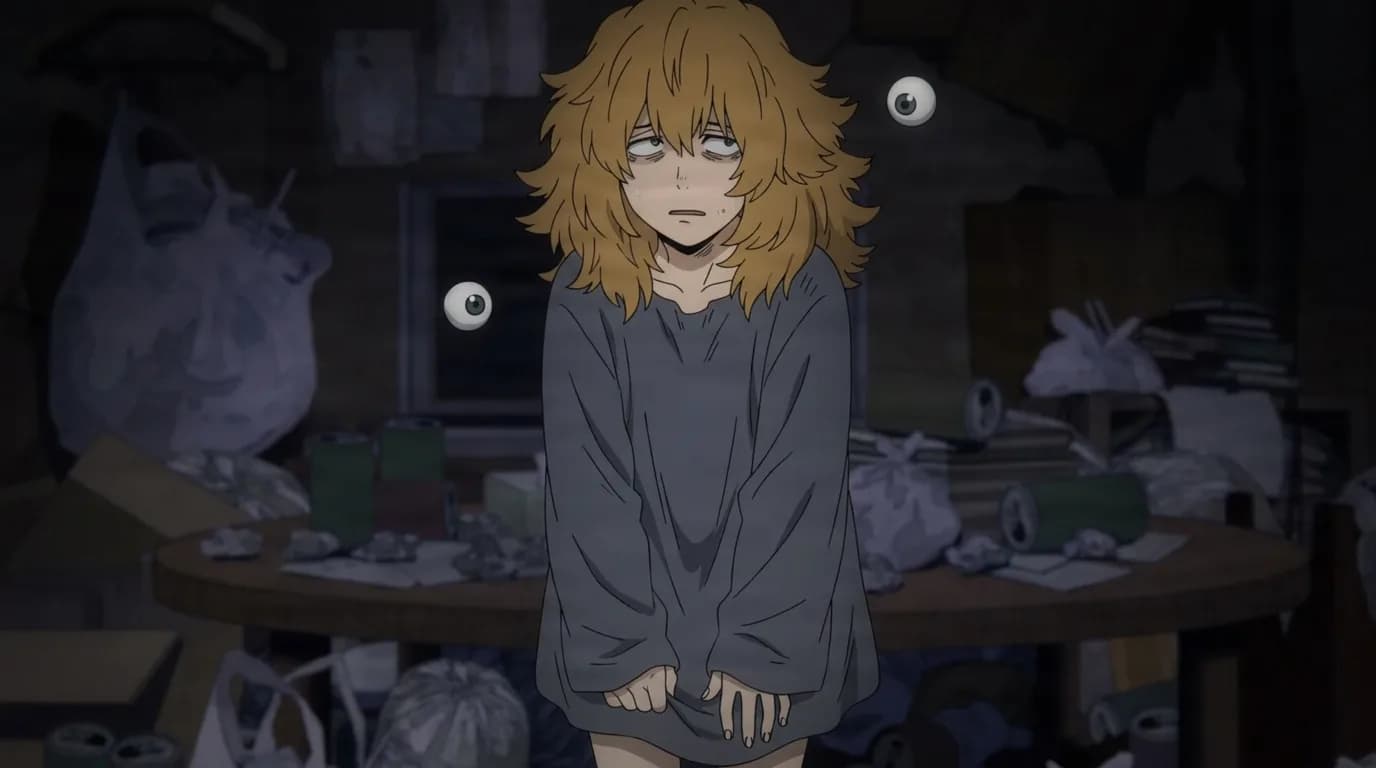 Tomie Takami from My Hero Academia in a close-framed cel-shaded anime scene with a detailed environment