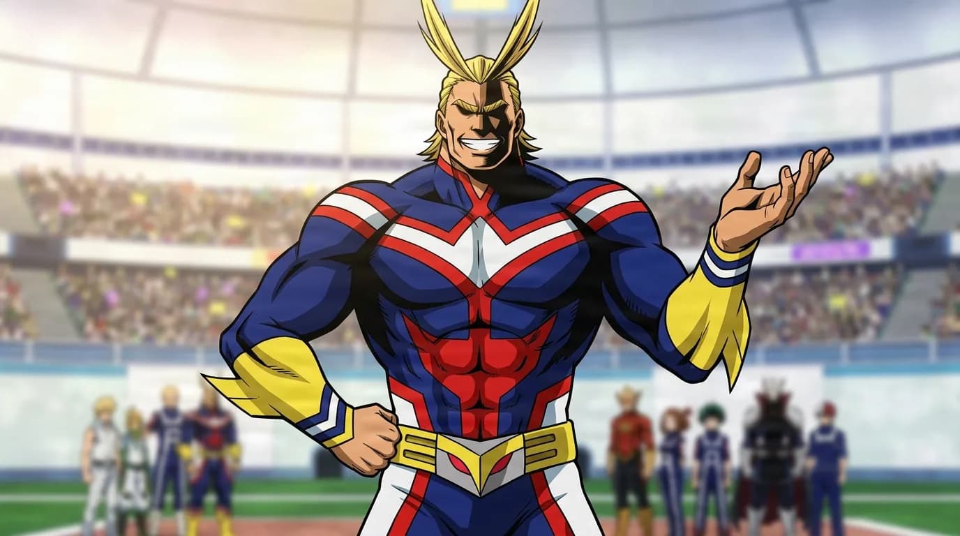 Toshinori Yagi from My Hero Academia in a close-framed cel-shaded anime scene with a detailed environment