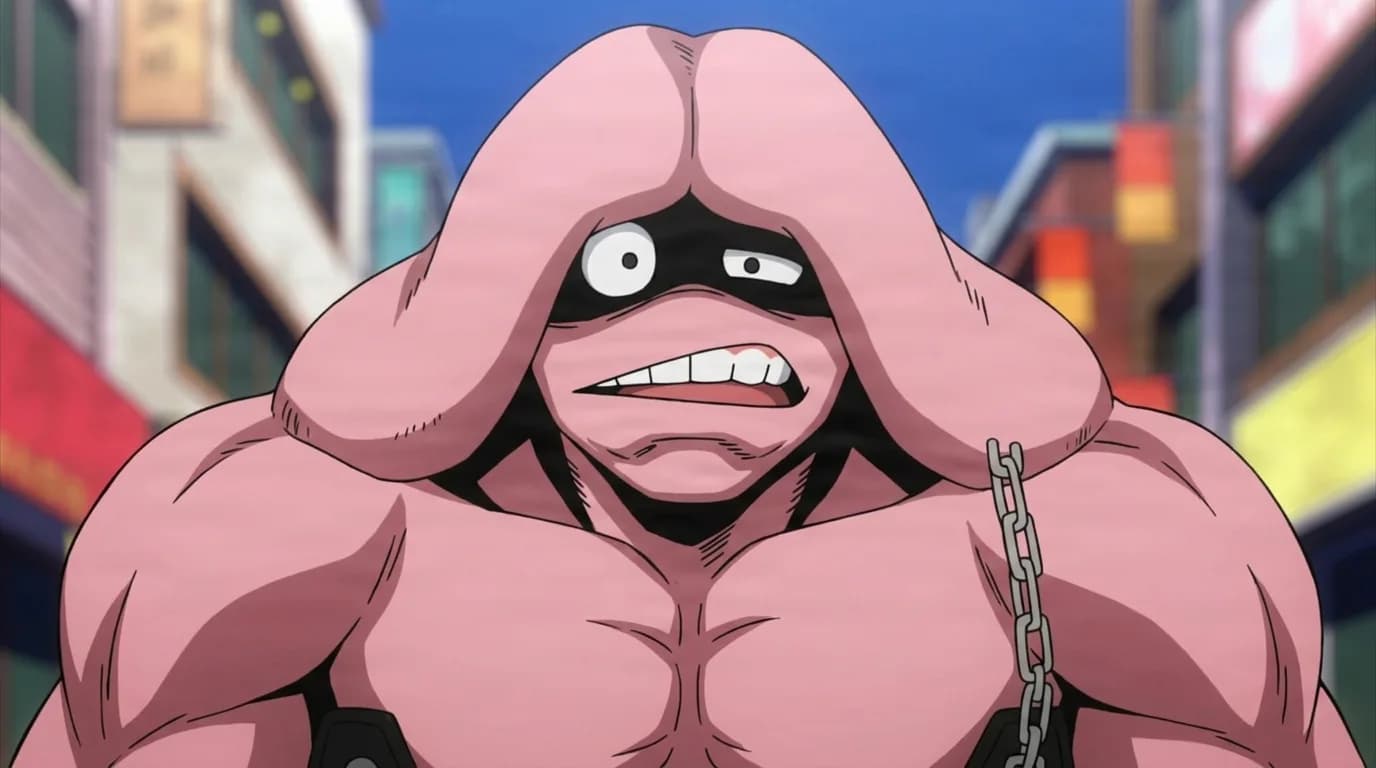 Trapezius Headgear from My Hero Academia in a close-framed cel-shaded anime scene with a detailed environment