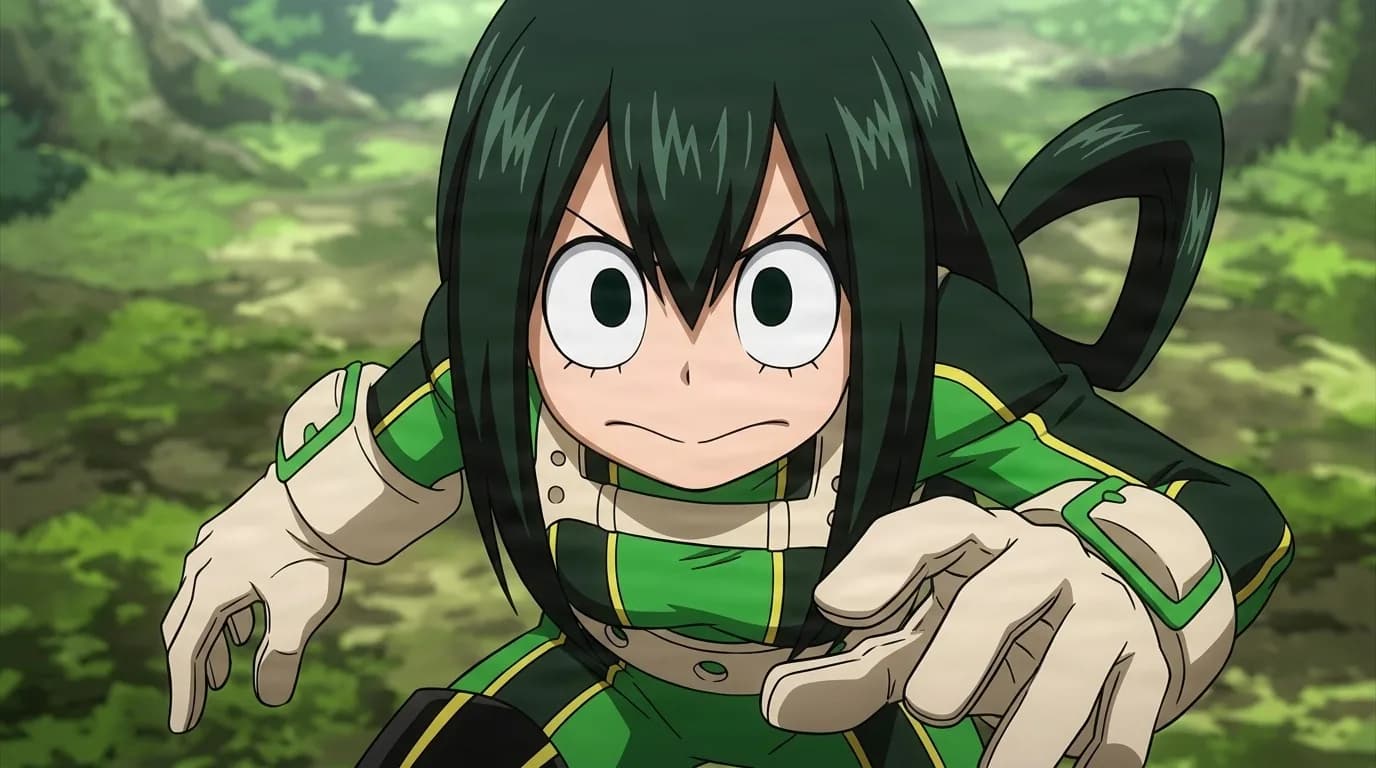Tsuyu Asui crouching alert in a green forest, wide frog-like eyes and dark hair, wearing her green and black hero suit