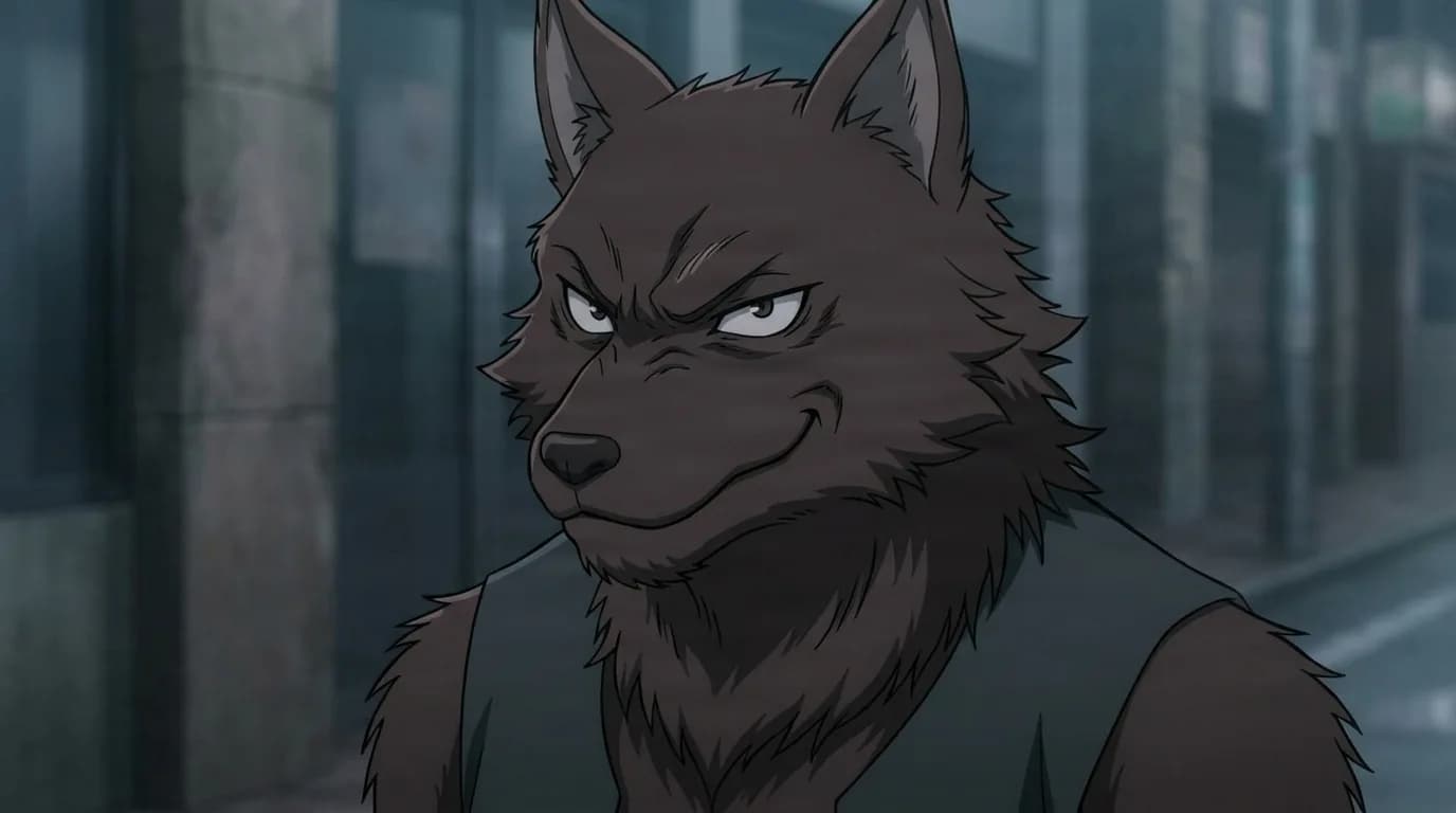 Wolf Villain from My Hero Academia in a close-framed cel-shaded anime scene with a detailed environment