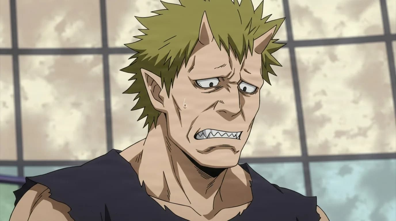 Yashamaru from My Hero Academia in a close-framed cel-shaded anime scene with a detailed environment