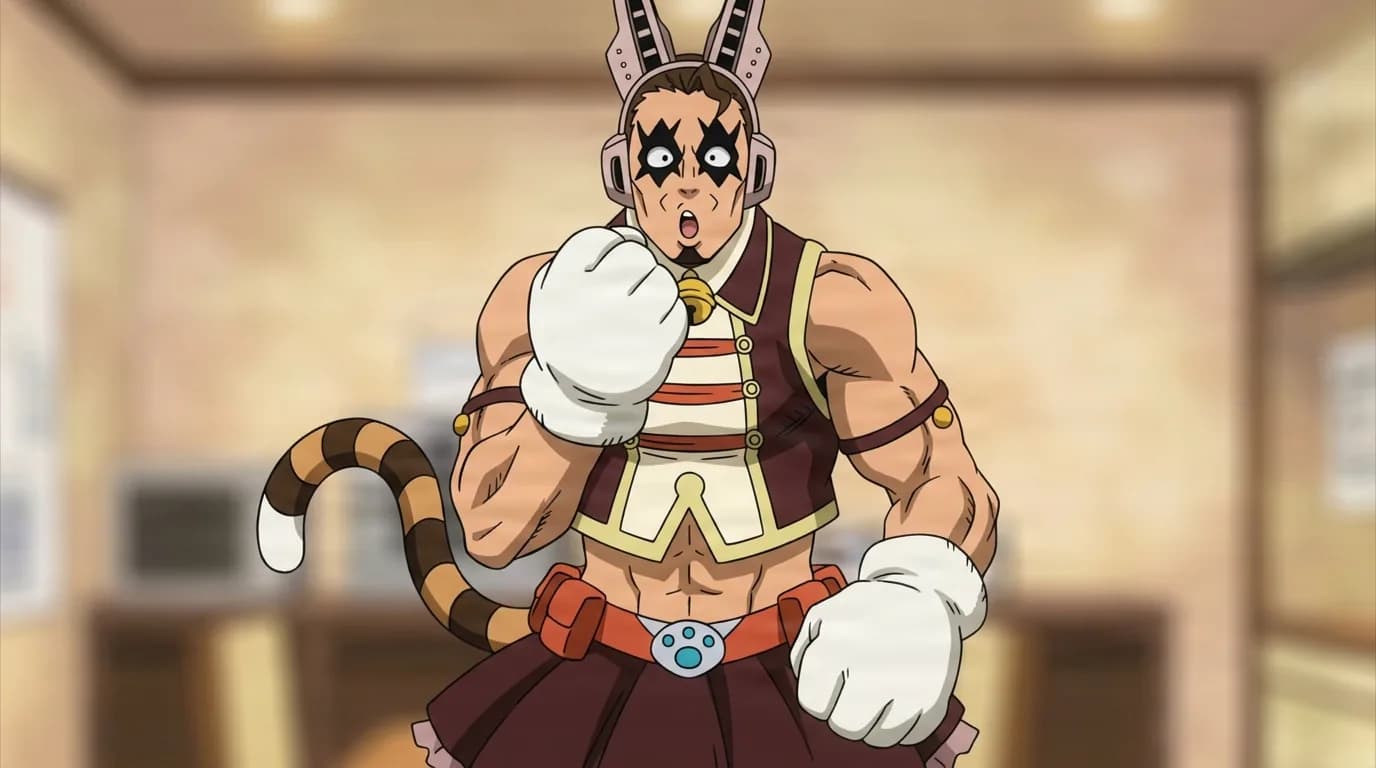 Yawara Chatora from My Hero Academia in a close-framed cel-shaded anime scene with a detailed environment