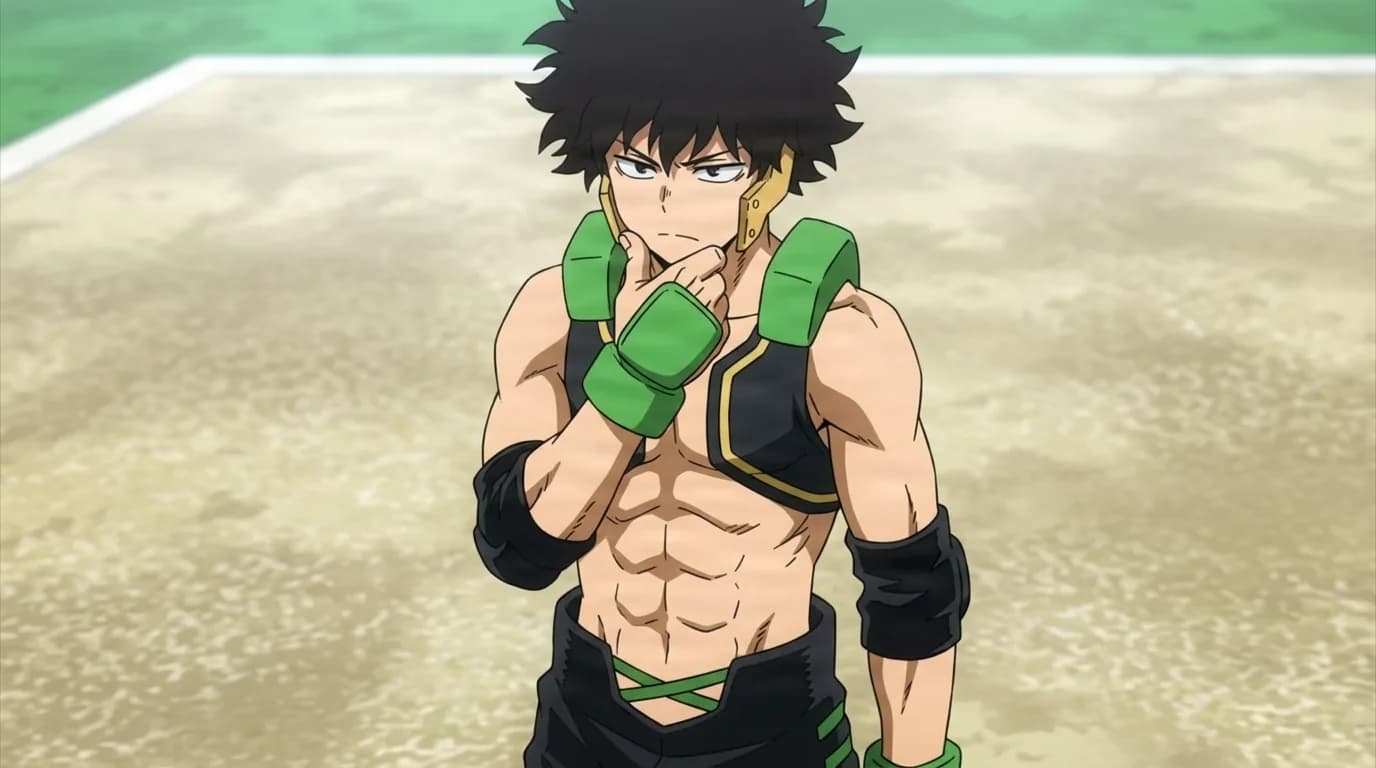 Yo Shindo from My Hero Academia in a close-framed cel-shaded anime scene with a detailed environment