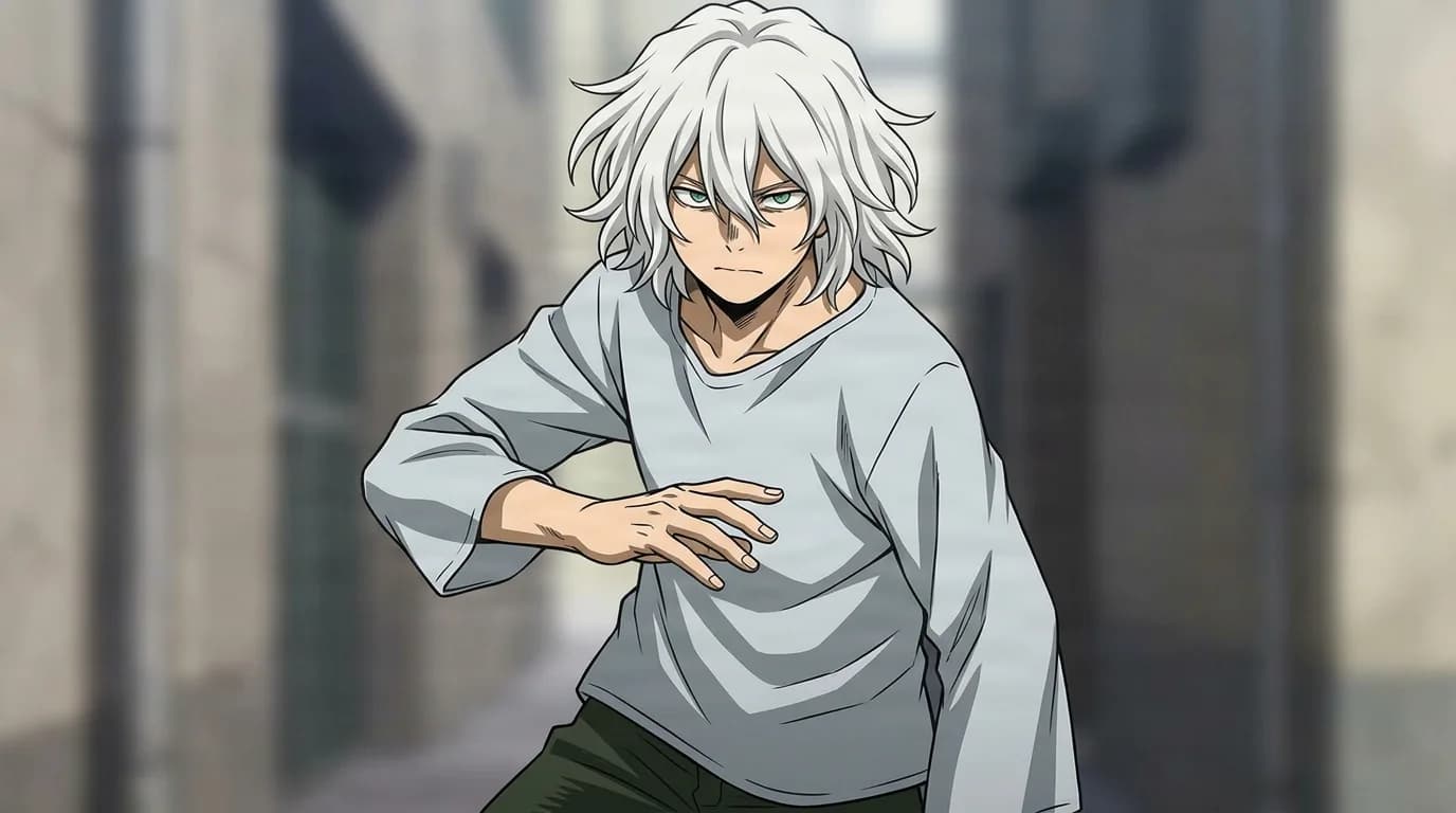 Yoichi Shigaraki from My Hero Academia in a close-framed cel-shaded anime scene with a detailed environment
