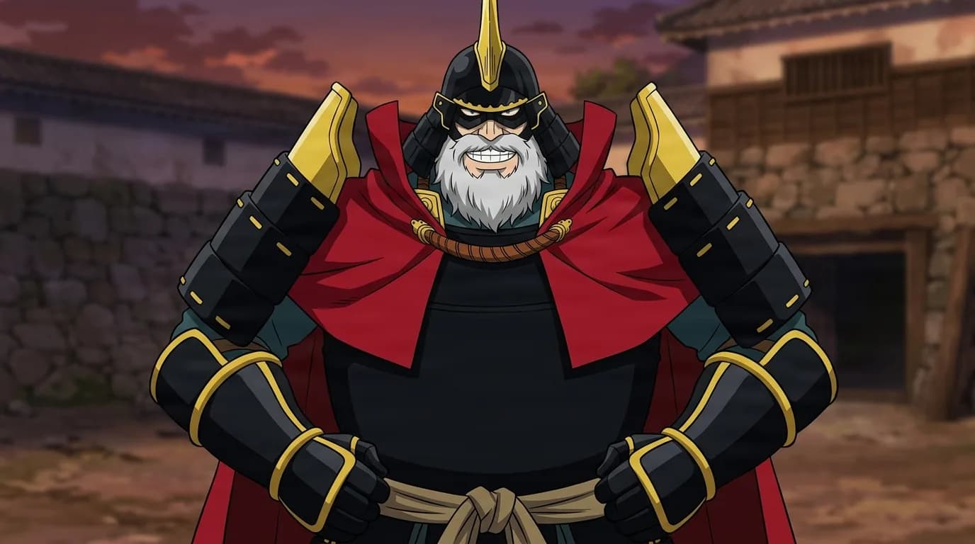 Yoroi Musha from My Hero Academia in a close-framed cel-shaded anime scene with a detailed environment