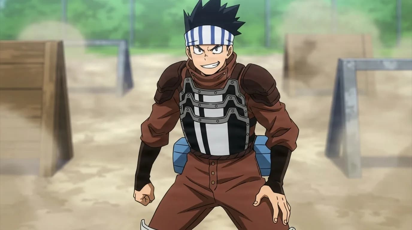 Yosetsu Awase from My Hero Academia in a close-framed cel-shaded anime scene with a detailed environment